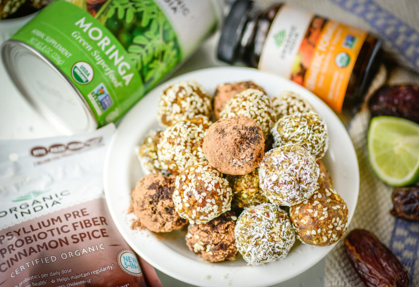 Homemade energy bites in a bowl on a table