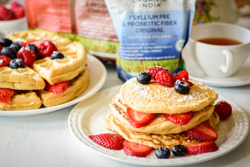 A plate of psyllium pancakes and waffles with Organic India Psyllium Powder