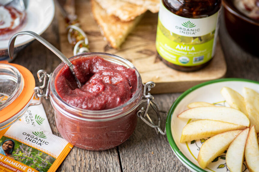 Chyawanprash-inspired Amla Jam in a mason jar with apples, tea, amla and toast.