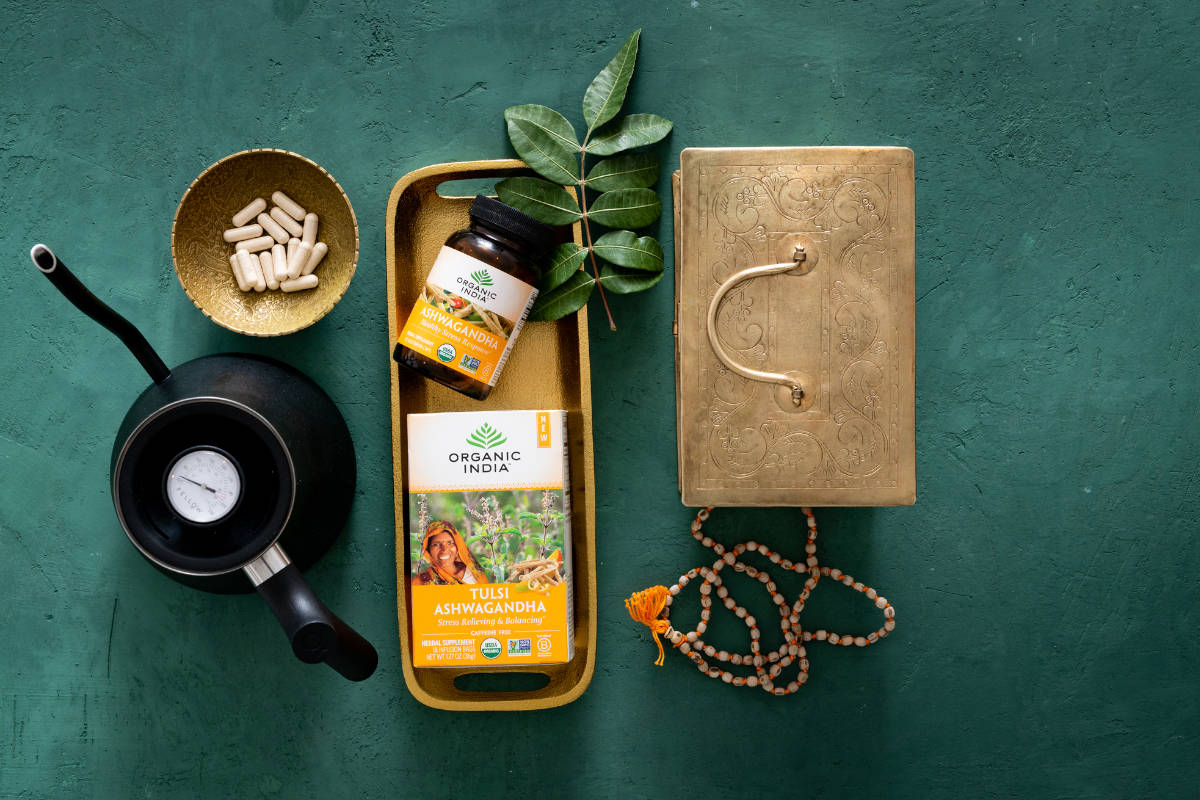 Organic India Ashwagandha products with herbs and capsules