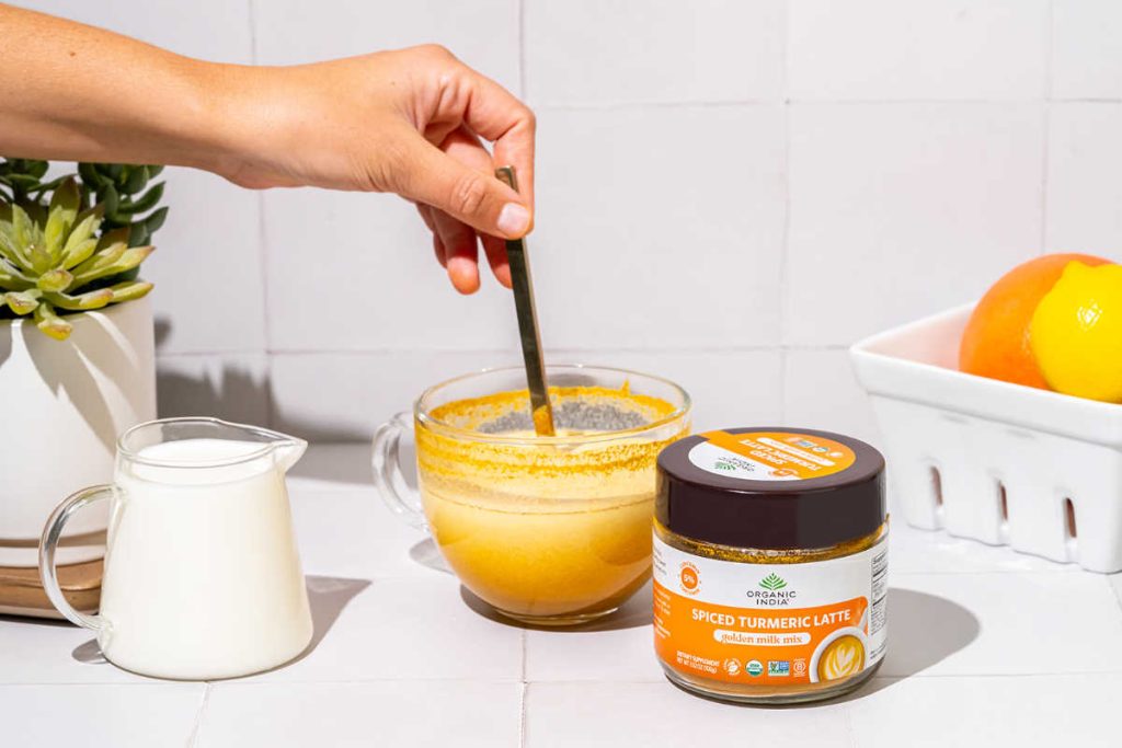 Organic India's golden milk Turmeric latte for women.