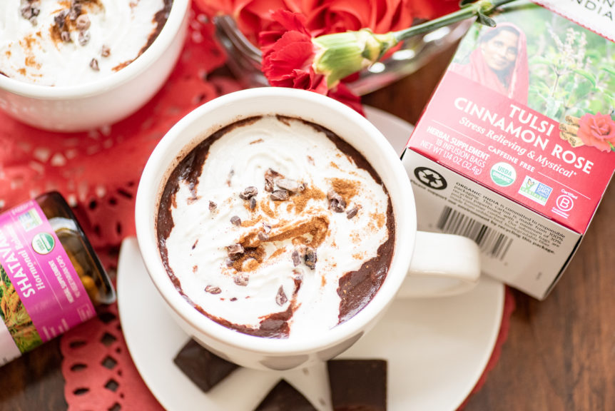 Tulsi Cinnamon hot chocolate with rose and ashwagandha for a nurturing touch.
