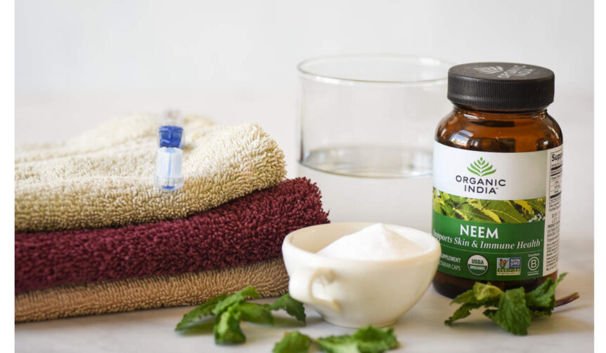 Neem capsules, baking soda, water, mint and toothbrush