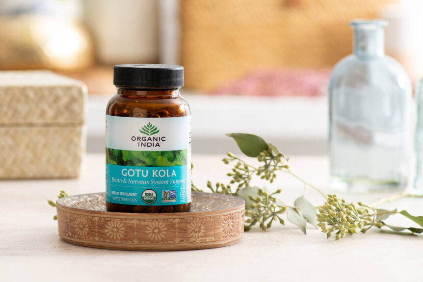 Gotu kola for brain function and hair health in glass supplement jar on handcarved platter on wood table.
