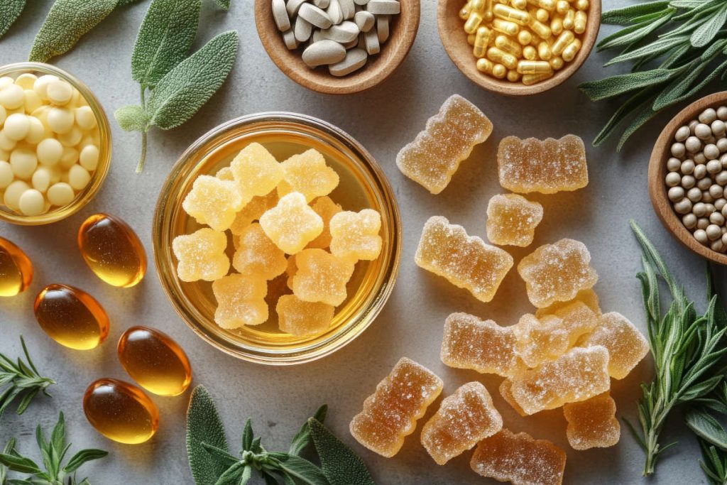 Herbal gummies and capsules on a table with fresh herbs as well.