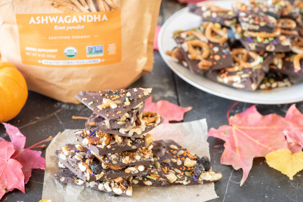 Chocolate autumn bark with ashwagandha, pretzels and seeds