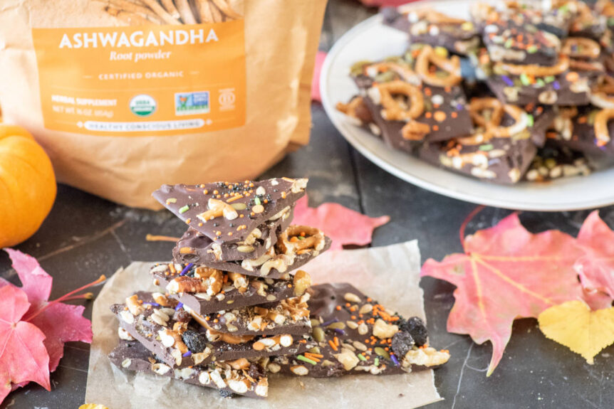 Chocolate autumn bark with ashwagandha, pretzels and seeds