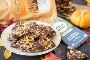 Healthy halloween recipes like this autumn bark chocolate with pretzels, fairtrade chocolate, seeds and more.