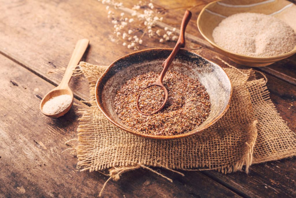 Psyllium and chia ancient grains on wood table