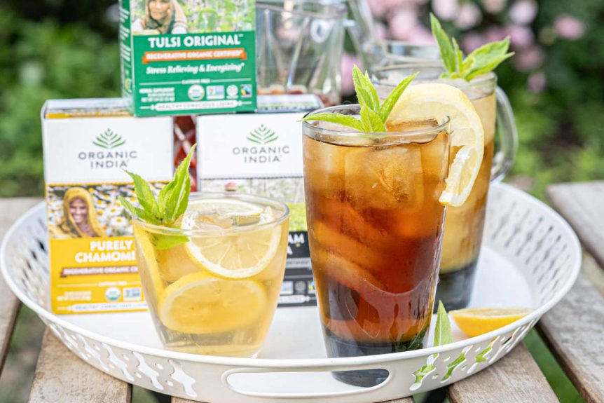 Tulsi, Chamomile and Black Iced Tea on platter outside.