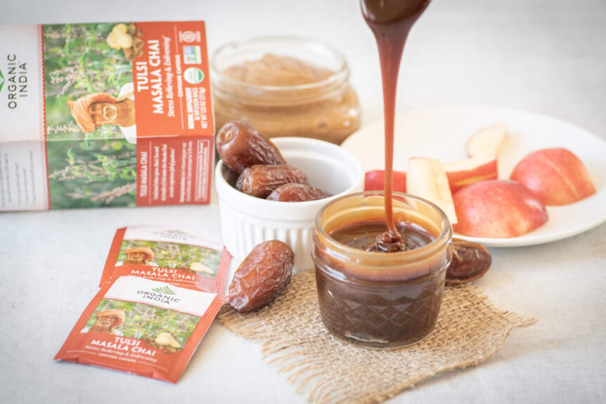 Sugar-Free caramel sauce with chai tea, dates, and apple slicer.