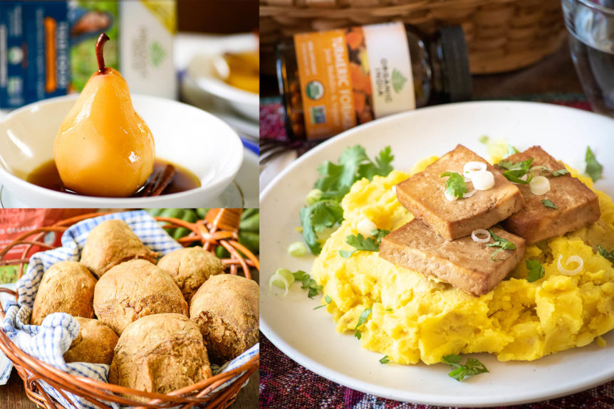 Healthy 3 course holiday menu with turmeric tofu, poached pears and pumpkin rolls.